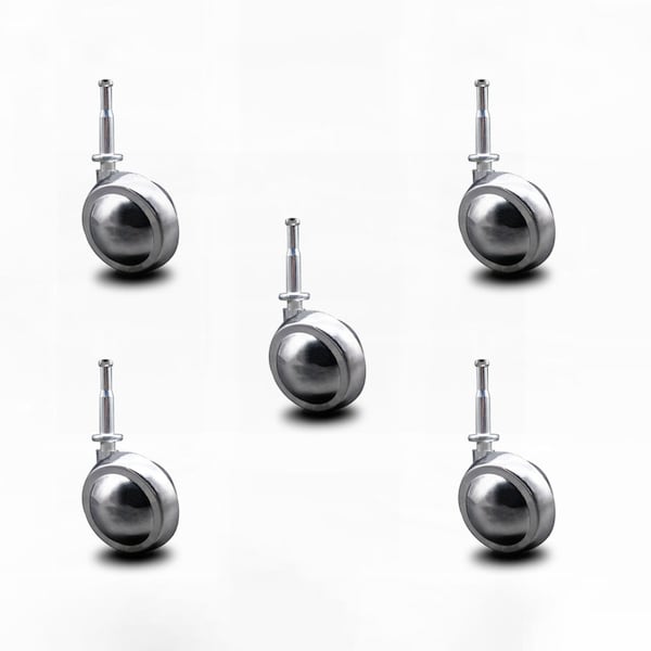 2 Inch Bright Chrome Metal Ball Caster - Grip Neck Stem - SCC, 5PK